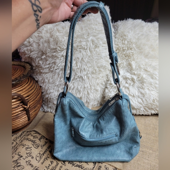 Used pretty greyish blue shoulder bag with silver tone hardware good cond - Picture 3 of 12